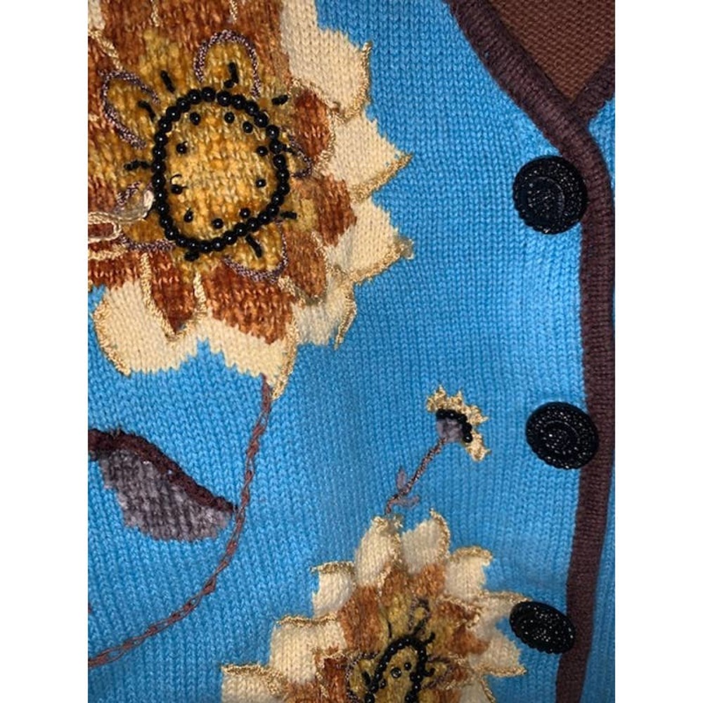 Vintage Blue & Brown Knit Sunflower Embroidered Cardigan - Picture 2 of 7